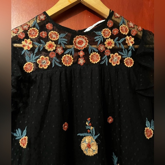 ZARA Basic Original black tulle embroidered top Sz Small Women - Picture 7 of 8